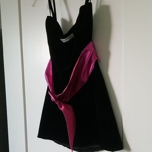 Zara Black Velvet Cocktail Dress with Pink Sash XS